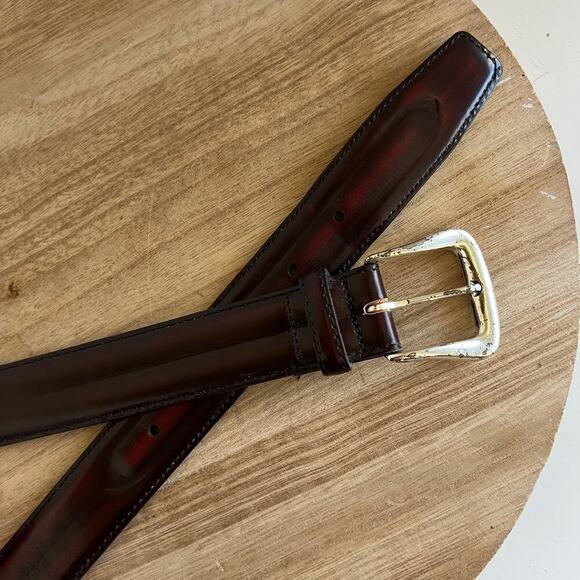 Vintage 90s Red Full Grain Cowhide Silver Brass Distressed Buckle Belt - M - Picture 1 of 14